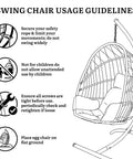 Swing chair usage guidelines with illustrations for securing safety rope, keeping away from children, checking screws, and flat ground placement.