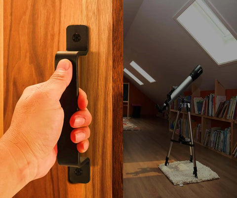Heavy Duty Black Barn Door Handles 7.4 Inch Rustic Metal Pulls Two Pack For Sliding Doors Ideal For Garage Shed Gate Closet Drawer Indoor Outdoor Use Today, shown in close-up on wooden door with hand.