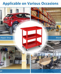 Beefy 3 Tier Rolling Tool Cart With 330 Lbs Capacity On Wheels For Garage Workshop Warehouse And Repair Shop Red Finish Durable Powder Coated Steel With Smooth Rolling Casters displayed in various settings.