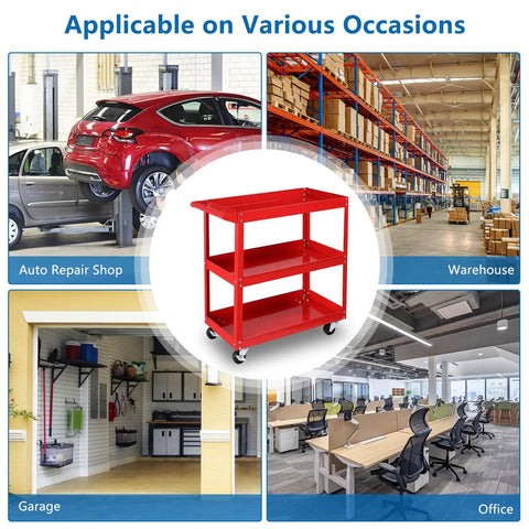 Beefy 3 Tier Rolling Tool Cart With 330 Lbs Capacity On Wheels For Garage Workshop Warehouse And Repair Shop Red Finish Durable Powder Coated Steel With Smooth Rolling Casters displayed in various settings.
