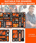 47 Piece Tool Drawer Organizer Set in Orange for Rolling Tool Chest Cabinet with varied trays and tools displayed
