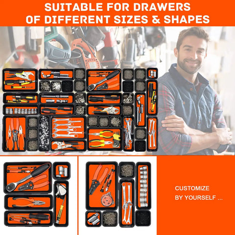 47 Piece Tool Drawer Organizer Set in Orange for Rolling Tool Chest Cabinet with varied trays and tools displayed