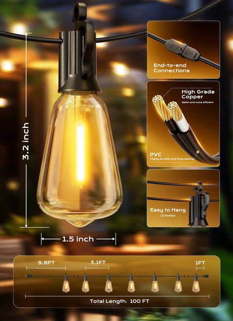 Close-up of 100 Foot Outdoor String Lights ST38 Shatterproof LED Bulbs, dimmable and waterproof, highlighting bulb design.