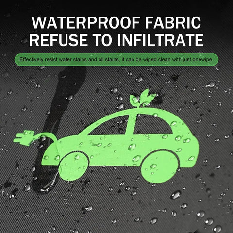Heavy Duty Waterproof Ev Cable Bag No Sweat Jumper Wire Organizer with green car logo and water droplets on fabric.