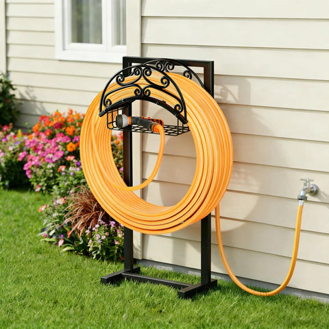 Heavy Duty Freestanding Garden Hose Holder With Reel Stand And Storage Basket No Brainer Outdoor Yard Organizer For Up To 150 Foot Hoses