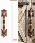 Rustic Red Antique Bronze Barn Door Handles 2 Pack Dixiao Zinc Alloy Pulls shown on white cabinet and wooden barn doors with screws