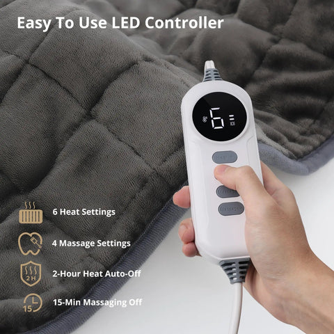 Person using LED controller for Weighted Heating Pad With Vibrating Massage For Back And Shoulder Pain Relief, showing heat settings.