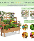Two Tier Raised Garden Bed With Lattice Trellis For Outdoor Flowers And Veggies, 47.2 Inch Tall Wood Plant Stand, installed with flowers and herbs.