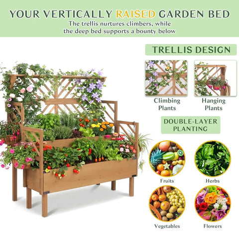 Two Tier Raised Garden Bed With Lattice Trellis For Outdoor Flowers And Veggies, 47.2 Inch Tall Wood Plant Stand, installed with flowers and herbs.