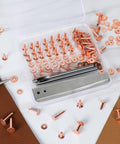 Copper Leather Rivets Kit With Burrs, Setter Tool And Punches, 50 Sets Of Pro Grade Leather Fasteners in storage box on table