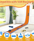15 Foot Flexible Race Track For Kids That Converts Any Surface Into A Crazy Fast Play Space With Suction Cups Rolls Up Easy Portable Starter Set For One Sixty Fourth Scale Diecast Cars Ages Three And Up Orange And Blue shown on floor next to window with toy cars.