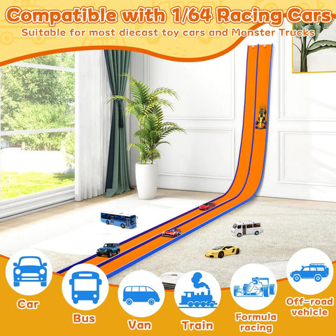 15 Foot Flexible Race Track For Kids That Converts Any Surface Into A Crazy Fast Play Space With Suction Cups Rolls Up Easy Portable Starter Set For One Sixty Fourth Scale Diecast Cars Ages Three And Up Orange And Blue shown on floor next to window with toy cars.