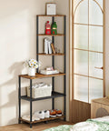 Heavy Duty Six Tier Industrial Corner Shelf With Swap Out Wood And Steel Mesh Boards Plus Work Surface Kicks Up Storage In Tight Quarters Perfect For Clean Setups In Apartments Or Home Offices Rustic Tone with decor and shoes.