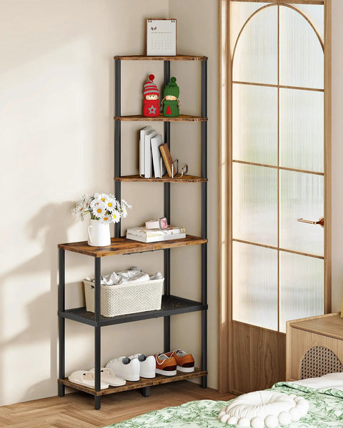 Heavy Duty Six Tier Industrial Corner Shelf With Swap Out Wood And Steel Mesh Boards Plus Work Surface Kicks Up Storage In Tight Quarters Perfect For Clean Setups In Apartments Or Home Offices Rustic Tone with decor and shoes.