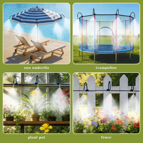 100 Ft Drip Irrigation System For Garden With 16 Adjustable Brass Nozzles And Bendable Rods used for sun umbrella, trampoline, plants, and fence.