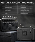 Mini Guitar Amp 5W Portable Practice Amplifier with Clean and Drive Two Channel Effects, front and back view with control panel.