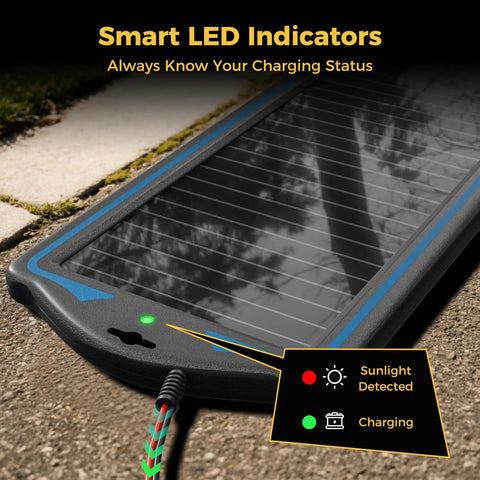 12V Solar Battery Charger And Maintainer Kit with waterproof panel in sunlight, LED indicators showing charging status.