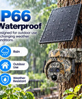 Heavy Duty Camouflage Solar Security Camera Outdoor 6Mp 12X Zoom Foolproof PIR Detection Color Night Vision Two Way Audio Ip66 Waterproof mounted on tree with solar panel.