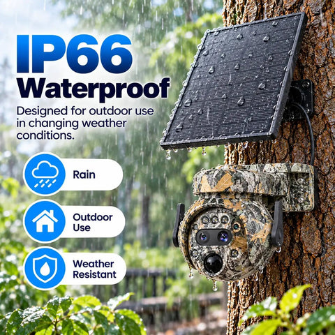 Heavy Duty Camouflage Solar Security Camera Outdoor 6Mp 12X Zoom Foolproof PIR Detection Color Night Vision Two Way Audio Ip66 Waterproof mounted on tree with solar panel.