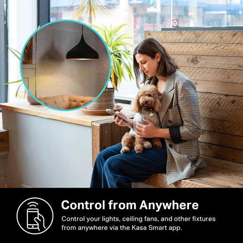 Woman using phone with dog, showcasing Smart Light Switch HS200P3 Single Pole With Neutral Wire 2.4GHz Wi-Fi; home setting with light.