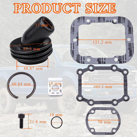 Shifter Reseal Kit For 5 Speed Transmissions With Complete Gasket Set And Hardware For 1987 To 2001 Ford F Series Three Quarter Ton And One Ton Trucks Includes Shifter Housing Gaskets Boots O Rings Snap Ring Bolts And Guide Inserts., size chart with boot, gaskets, o-ring, bolt, and insert