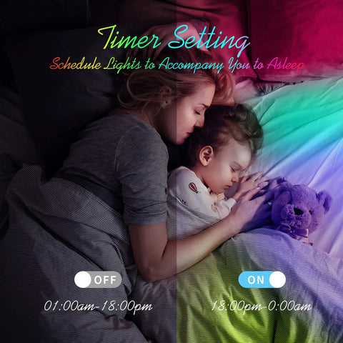 Mother and child sleeping under 100ft LED Strip Lights For Bedroom And Living Room With App Control And Music Sync RGB Color Changing.