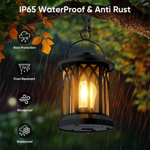 Hangin Solar Lanterns For Outdoors Waterproof 2 Pack Clip And Handle Patio Garden Lights showing IP65 waterproof feature in rain