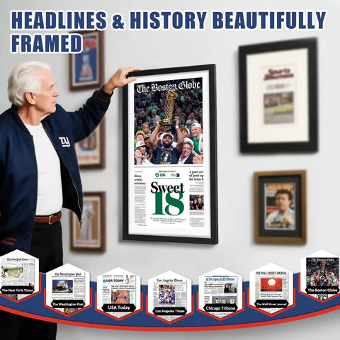 Man pointing to Newspaper Display Frame with premium wood and acrylic panel showcasing a Boston Globe front page, ideal home office decor.