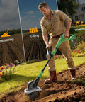 Man using 20V Cordless Garden Tiller Cultivator with 4 by 12 steel tines for soil loosening, tilling, and weeding in garden