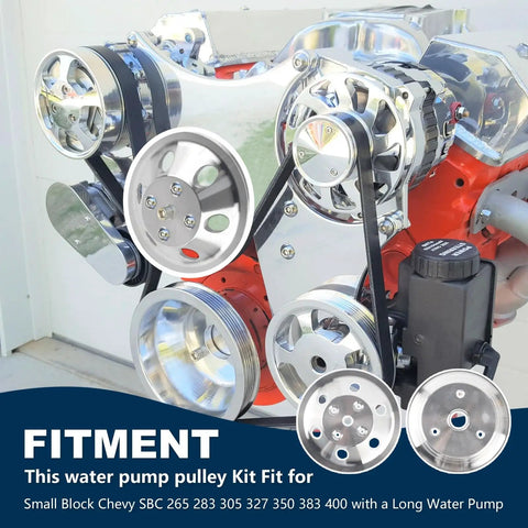 Beefy Aluminum Small Block Chevy Water Pump With 1 Groove Long Pulley And 2 Groove Crankshaft Pulley LWP For SBC 265 283 305 327 350
