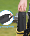 Person placing Seven Can Insulated Beer Sleeve Sling into golf bag, showing waterproof 600D Oxford Cooler with handle and zipper.