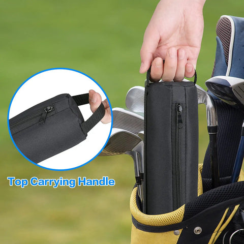 Person placing Seven Can Insulated Beer Sleeve Sling into golf bag, showing waterproof 600D Oxford Cooler with handle and zipper.