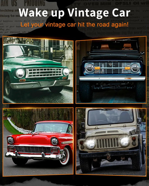 Collage of vintage cars with text 'Wake up Vintage Car' and 'Let your vintage car hit the road again!'