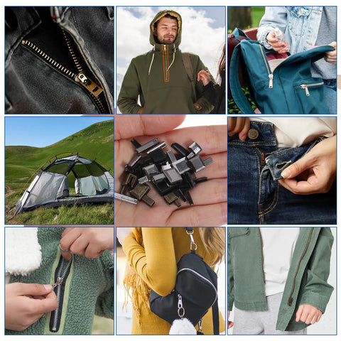 Metal Zipper Repair Kit Set With Insertion Pins And Stopper Hardware For Jacket And Coat Sewing shown in jackets, tents, bags, jeans.