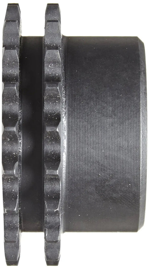 Side view of Built To Last Hardened Teeth Roller Chain Sprocket with Reboreable Type B Hub for Dual Chain Setup, 20 Teeth, 3/8 Inch Pitch