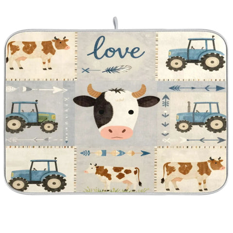 Farm Themed Dish Drying Mat With Cows And Tractor Design, Extra Large 18x24 Inches, farmhouse style with cow and tractor images