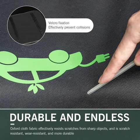 Close-up of waterproof EV charging cable organizer bag showing durable Oxford cloth and Velcro fixations, ideal for secure storage.
