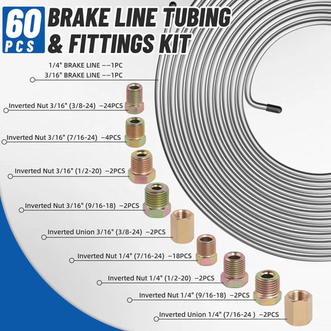 Garage Ready Heavy-Duty Zinc Coated Brake Line Tubing Kit With 25 Ft Of 3/16 Inch And 1/4 Inch Lines And Sixty Fittings