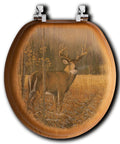 November Whitetail Deer Round Toilet Seat With Oak Veneer Finish Dope Rustic Bathroom Upgrade Easy Install Durable Construction Fine Art Deer Pattern Fully Assembled Farmhouse Style