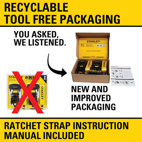 New packaging for Heavy Duty Ratchet Tie Down Straps 1.5 Inch by 16 Foot, 1100 Lb Safe Working Load and 3300 Lb Break Strength, 2 Pack