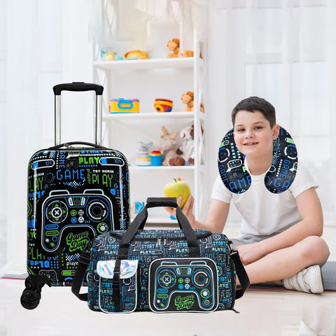 Inprof Kids 3-piece luggage set: 16-inch hardside spinner suitcase plus duffel and pouch in blue game-pattern, Amazon