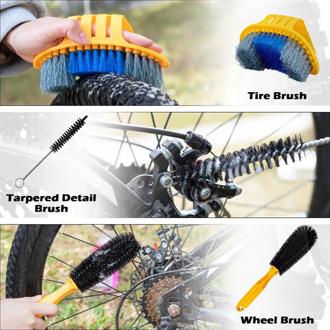 Bike Chain Cleaner Kit With Bicycle Cleaner Degreaser Lubricant And 12 Piece Cleaning Set showing various brushes for bike maintenance