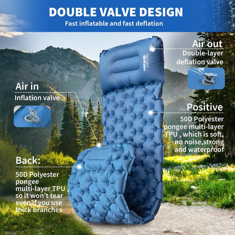 Ultralight Inflatable Sleeping Pad With Built In Foot Pump And Pillow For Camping, showcasing double valve design in nature.