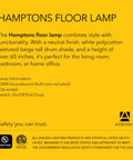 Text description of Hamptons floor lamp with features, bulb info, and safety certifications.