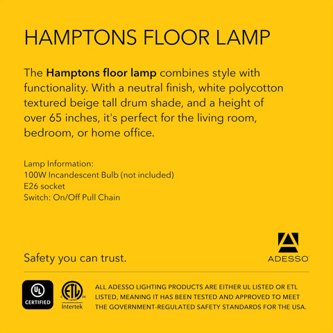 Text description of Hamptons floor lamp with features, bulb info, and safety certifications.