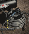 Kink Free Hybrid Air Compressor Hose Three Eighth By Fifty Foot Dual Quarter Inch Male Npt featuring reinforced rubber bend restrictors.