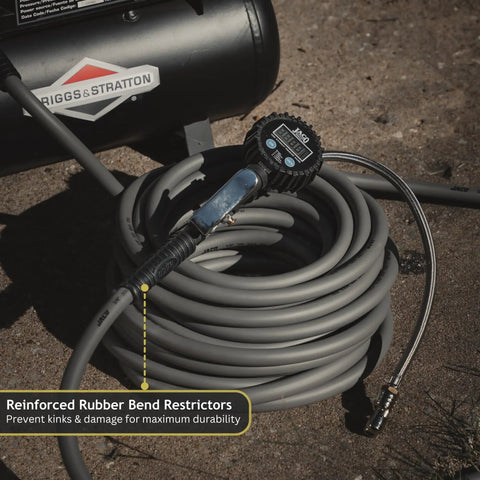 Kink Free Hybrid Air Compressor Hose Three Eighth By Fifty Foot Dual Quarter Inch Male Npt featuring reinforced rubber bend restrictors.