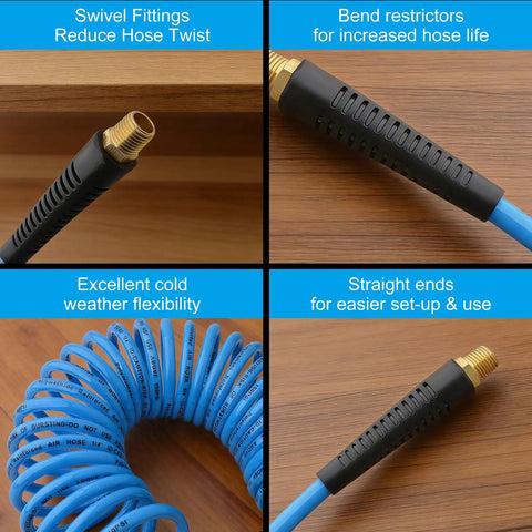 19 Piece Air Compressor Accessories Kit with 25 Foot Recoil Poly Hose close-up on fittings and hose features