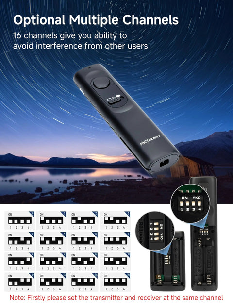 Wireless Camera Remote Shutter Release Kit with 164 ft radio range, AAA battery, tripod clip, multiple channels showing.