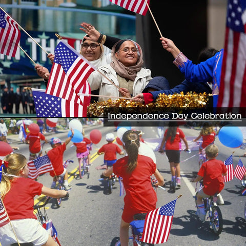 Independence Day celebration with 50 Pack USA Stick Flags 12 by 18 Inch Small Flags With Wooden Poles And Spear Tips held by people.